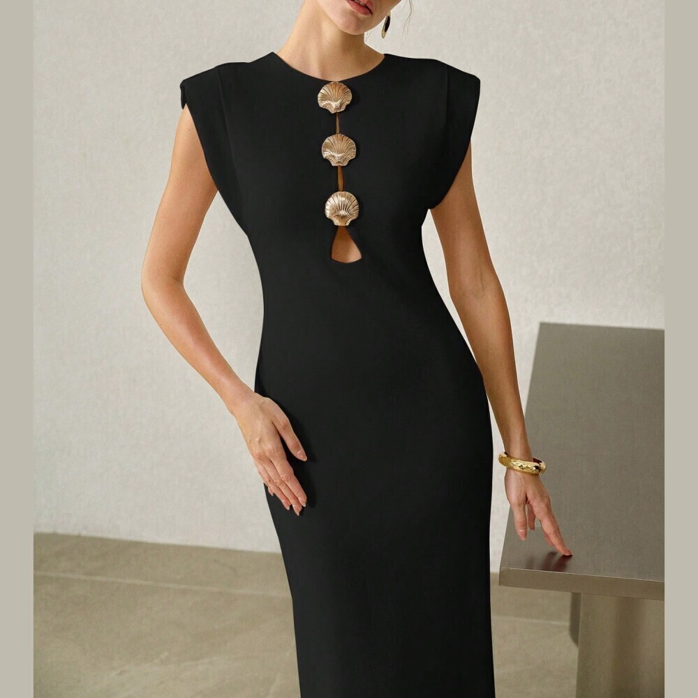 Black Shell Detailing Cutout Cap Sleeve Midi Sheath Dress - Picture 4 of 6